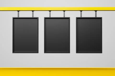 3D rendering of three black information bord or display hanging isolated on Stock Illustration