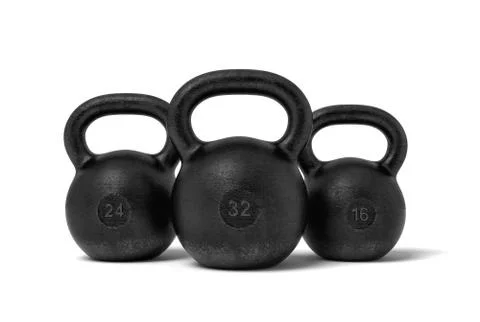 3d rendering of three black iron kettlebells with markings 32, 24 and 16 kg Ilustración de archivo