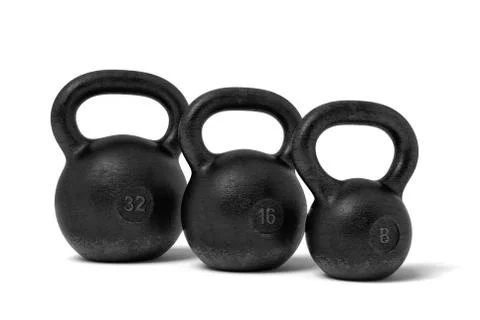 3d rendering of three black iron kettlebells with markings 32, 24 and 16 kg Stock Illustration