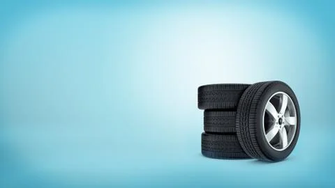 3d rendering of a three car tires stacked on each other and a forth tire leaning イラスト素材
