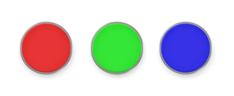 3d rendering of three colorful push buttons, a red, a blue and a green one. Stock Illustration