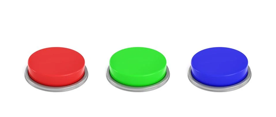 3d rendering of three colorful push buttons, a red, a blue and a green one. Ilustración de archivo