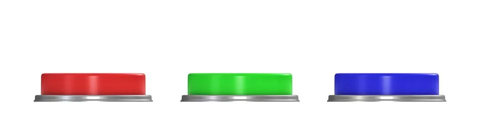 3d rendering of three colorful push buttons, a red, a blue and a green one. Stock Illustration