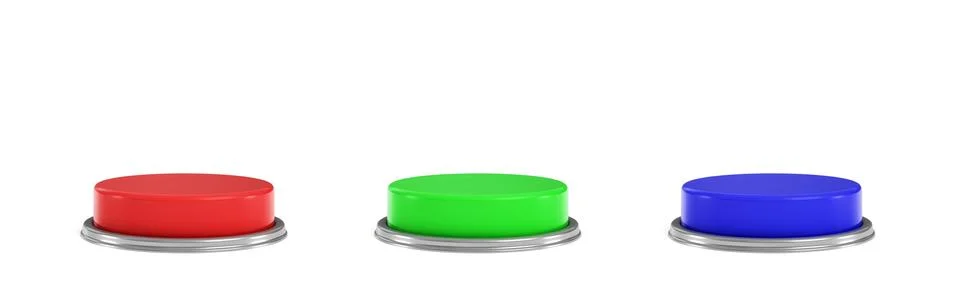 3d rendering of three colorful push buttons, a red, a blue and a green one. Stock Illustration