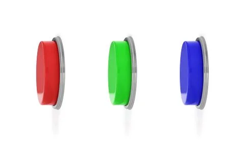 3d rendering of three colorful push buttons, a red, a blue and a green one. Stock Illustration