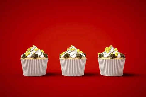 3d rendering of three cupcakes on red background Stock Photos