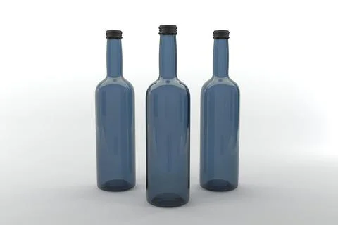 A 3D rendering of three empty blue wine bottles isolated in the light gray ba Stock Illustration