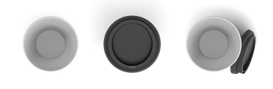 3d rendering of three empty coffee cups with open, closed and leaning lids from Stock Illustration