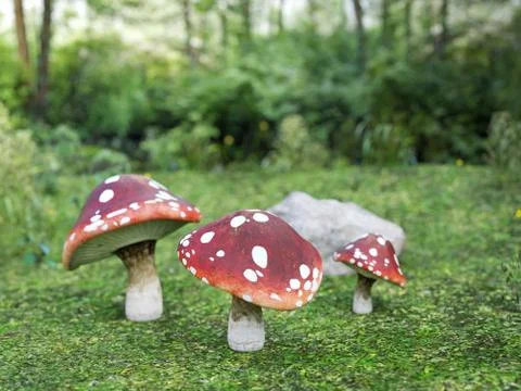 3D rendering of three fly agaric mushroom. Stock Illustration