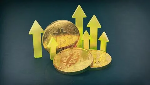 3d rendering of three golden, physical Bitcoin coins with green arrows. Illustrazione stock