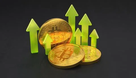 3d rendering of three golden, physical Bitcoin coins with green arrows. 스톡 일러스트