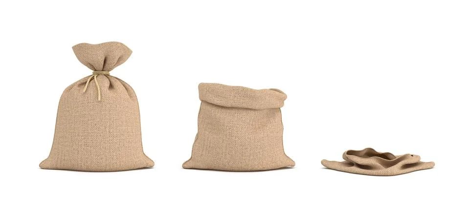 3d rendering of three isolated money bags, one full, one open and one empty Illustration