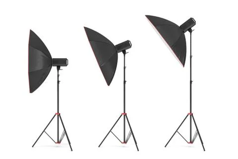 3d rendering of three large light with octoboxes stands turned down in several Stock Illustration