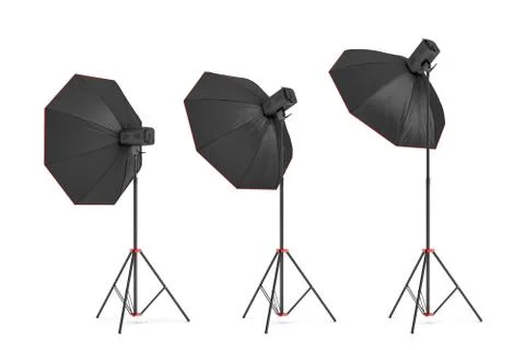 3d rendering of three large light with octoboxes stands turned down in several Stock Illustration