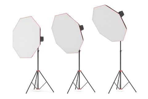 3d rendering of three large light with octoboxes stands turned down in several Stock Illustration