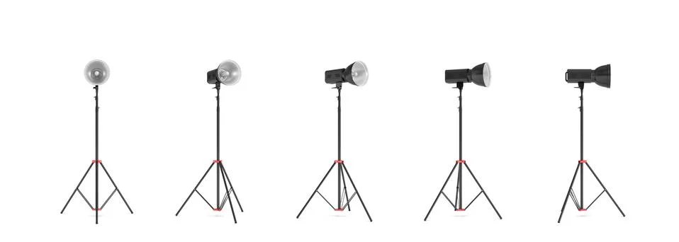 3d rendering of three lights with reflectors with the head turned down and up. Stock Illustration