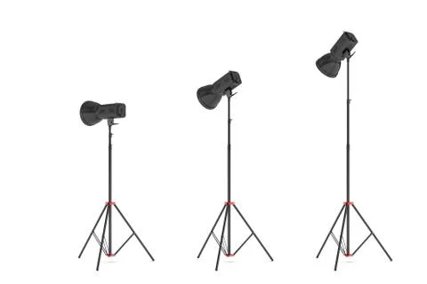 3d rendering of three lights with reflectors with the head turned down and up. Stock-Illustration