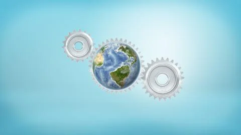 3d rendering of a three metal gears interlocked together where one gear has an Stock Illustration