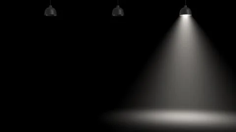 3d rendering of three pendant lamps with only one glowing in the darkness. Stock Illustration