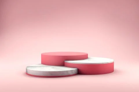 3D rendering of three pink and marble podiums for product presentation scene. Illustrazione stock