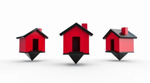 3D rendering of three red and black house map pointers on a white background Stock Illustration
