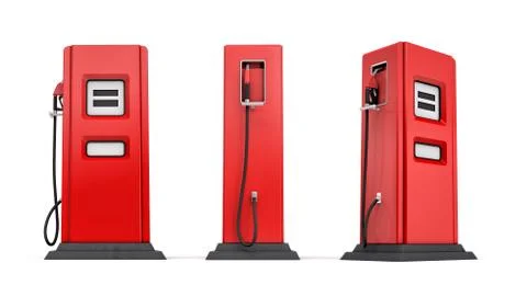 3d rendering of three red gas pumps in front, side and half side views isolated Ilustración de archivo