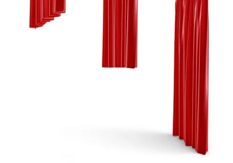 3d rendering of a three red satin curtains of different size are hanging on Stock-Illustration