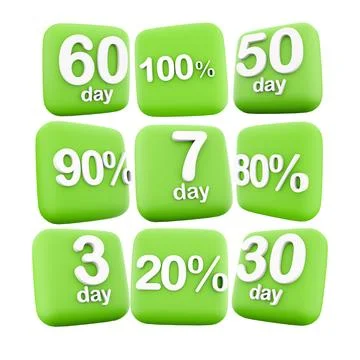 3d rendering three, seven, thirty, fifty, sixty day to left, 20, 90, 80, 100 Stock Illustration