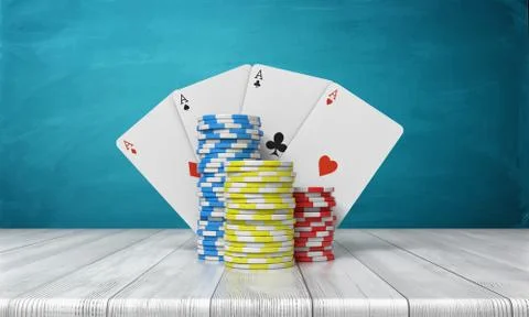 3d rendering of a three stacks of casino chips with four ace cards behind them Stock Illustration