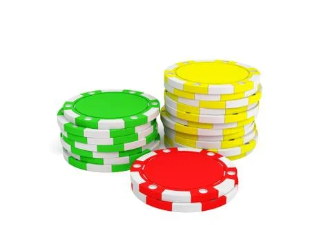 3d rendering of three stacks of gambling chips in green, yellow and red colors Stock Illustration