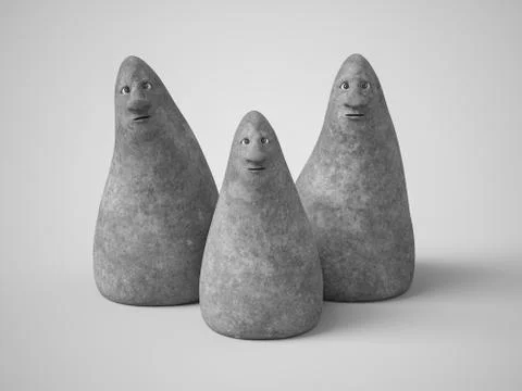 3D rendering of three stone figures with faces. Illustrazione stock