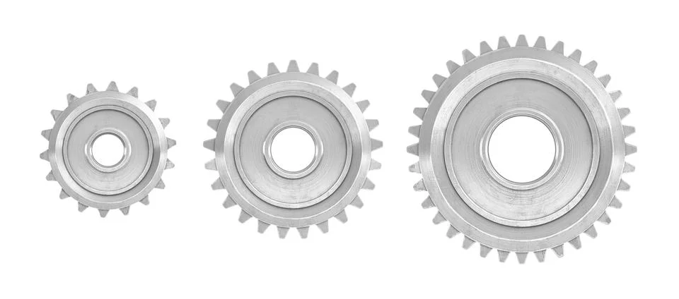 3d rendering of three straight gears of different sizes in front view isolated Stock Illustration