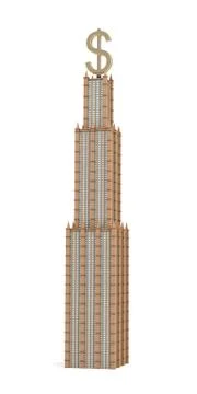3d rendering of a three tiered skyscraper with a large USD sign as it's spire on Stock Illustration