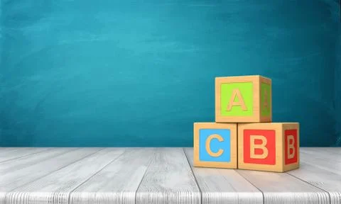 3d rendering of three toy blocks of different colors with letters A, B and C on Stock Illustration