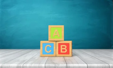 3d rendering of three toy blocks of different colors with letters A, B and C on Stock Illustration