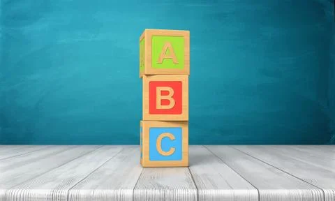 3d rendering of a three toy blocks standing on a wooden desk in one tower with Stock Illustration