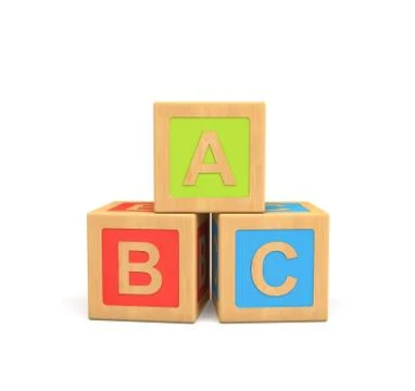 3d rendering of three wooden toy cubes with ABC lettering isolated on white Stock Illustration