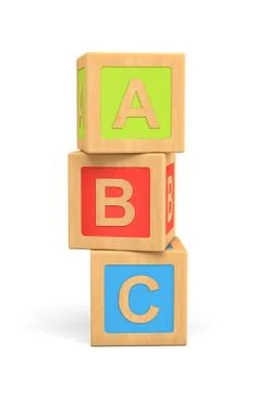 3d rendering of three wooden toy cubes with ABC lettering isolated on white Stock Illustration