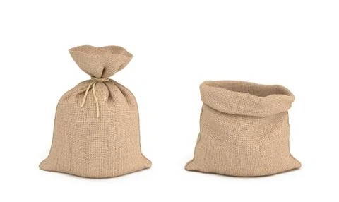 3d rendering of tied canvas sacs and open sack in front view isolated on white Illustration