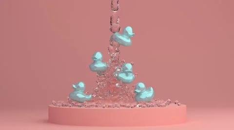 3d rendering. tiffany color flying ducks for bath in water splash on peach Stock Illustration