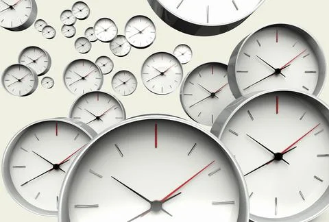 3D rendering of the time concept with many clocks approaching the camera Stock Illustration