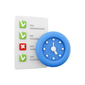 3d rendering timing concept with clock and check list on clipboard icon, 3d Stock-Illustration