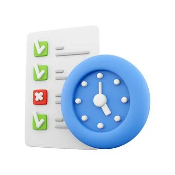 3d rendering timing concept with clock and check list on clipboard icon, 3d 스톡 일러스트