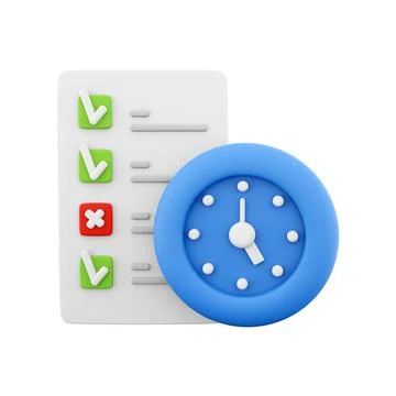 3d rendering timing concept with clock and check list on clipboard icon, 3d Stockillustratie