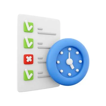 3d rendering timing concept with clock and check list on clipboard icon, 3d Stockillustratie