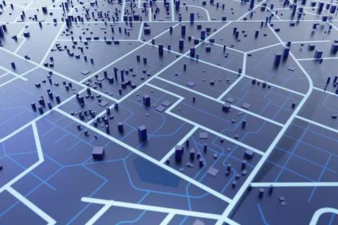 3D Rendering Top view City map with navigator line and destination GPS Tech.. Stock Illustration