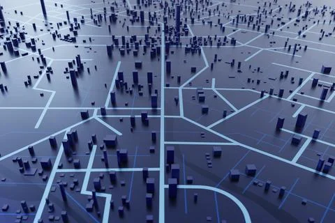 3D Rendering Top view City map with navigator line and destination GPS Tech.. Illustrazione stock