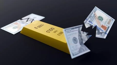 A 3d rendering of torn US dollar bills floating around a gold bullion bar Stock Illustration