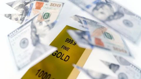 A 3d rendering of torn US dollar bills floating around a gold bullion bar Stock Illustration
