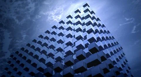 3D rendering of tower block on blue sky background Illustrazione stock